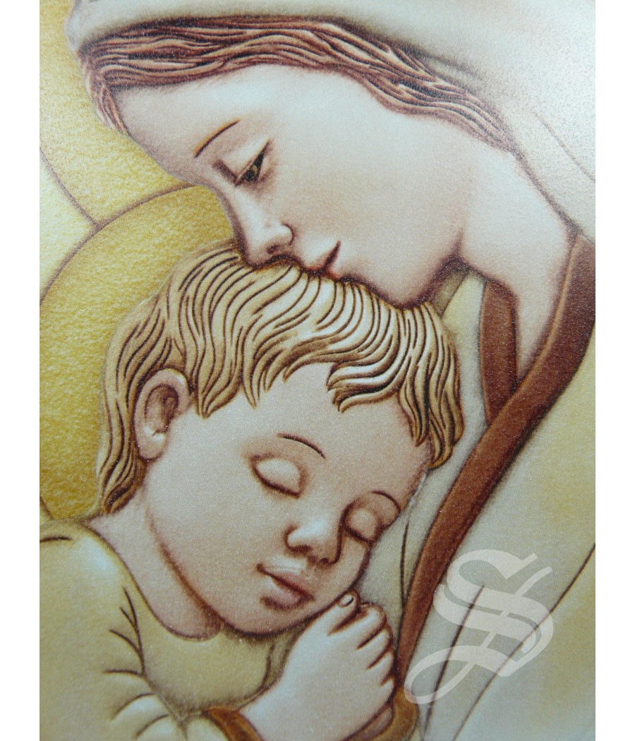 CUADRITO DE MADERA 15 X 22,5 CM. VIRGEN CON NIÑO ESTAMPADA Y STRASS