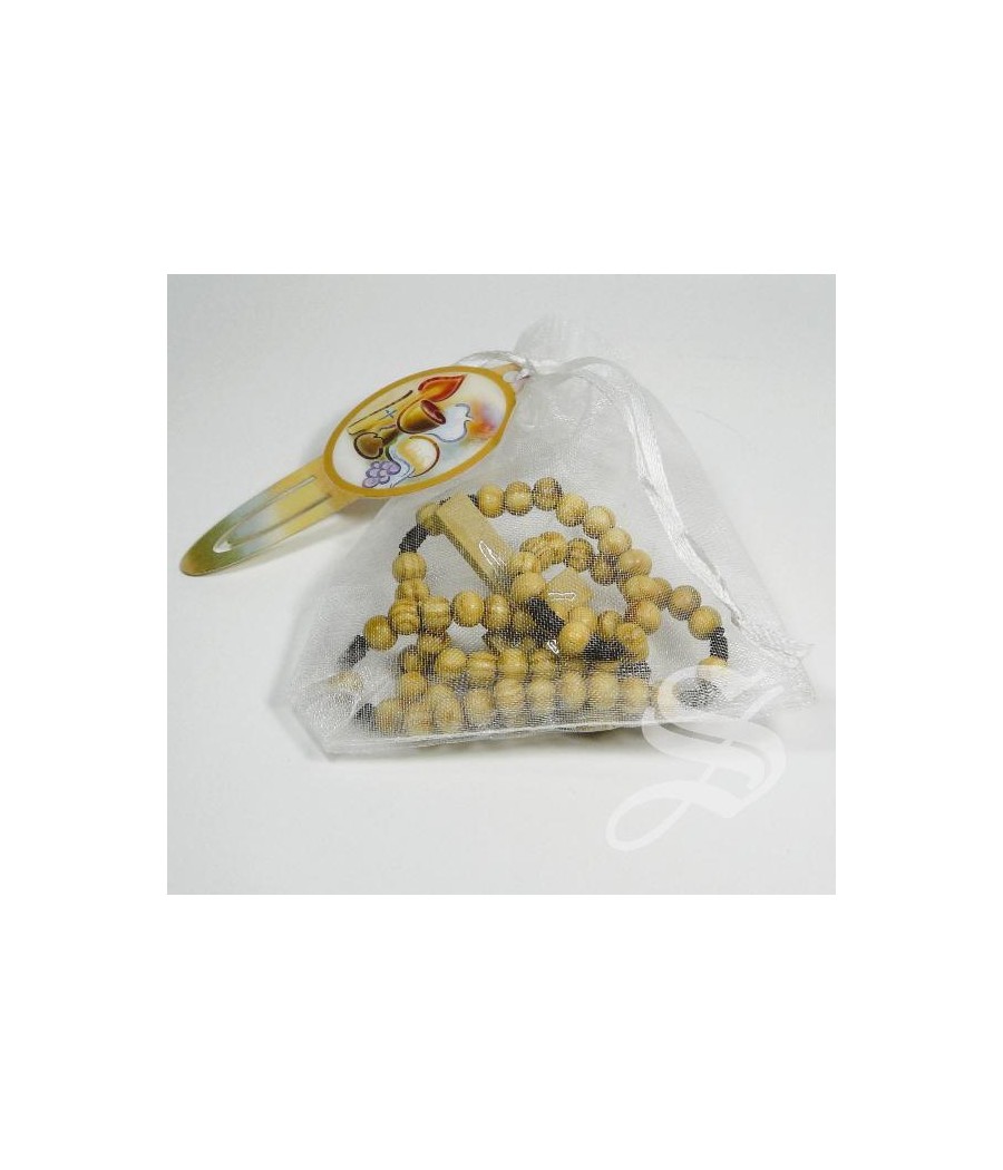 SAQUITO CON ROSARIO DE MADERA Y MARCAPAGINAS PARA COMUNION
