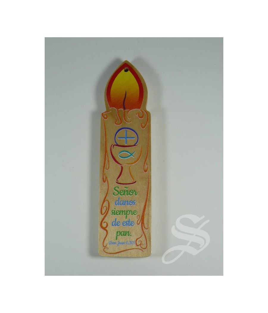 CUADRITO FORMA DE VELA EN MADERA CON IMAN PARA COMUNION