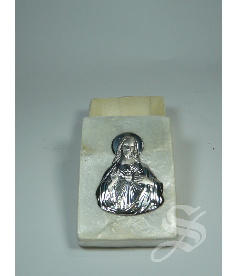 ROSARIERA DE NACAR Y PLATA 7 X 5 CM. CORAZON DE JESUS