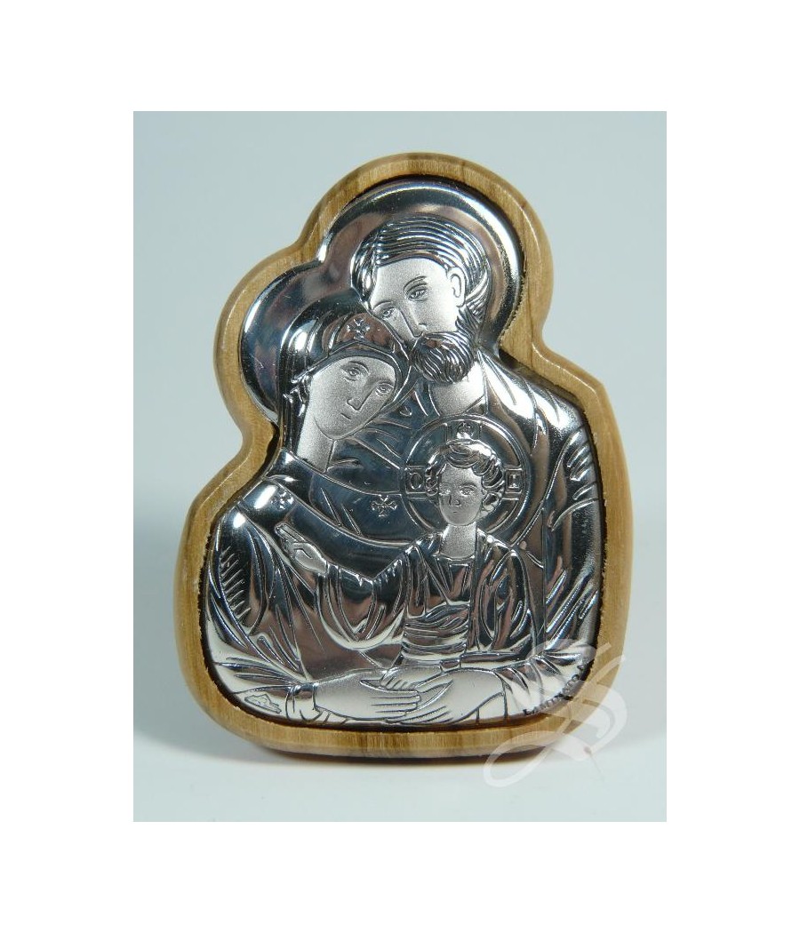 CUADRITO DE PLATA SAGRADA FAMILIA CON MADERA DE OLIVO 4X 5.5 CM