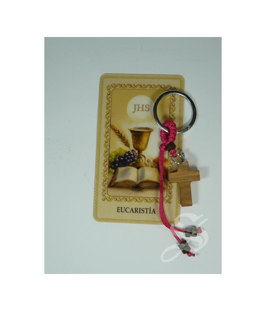 LLAVERO CRUZ MADERA CON TARJETA COMUNION