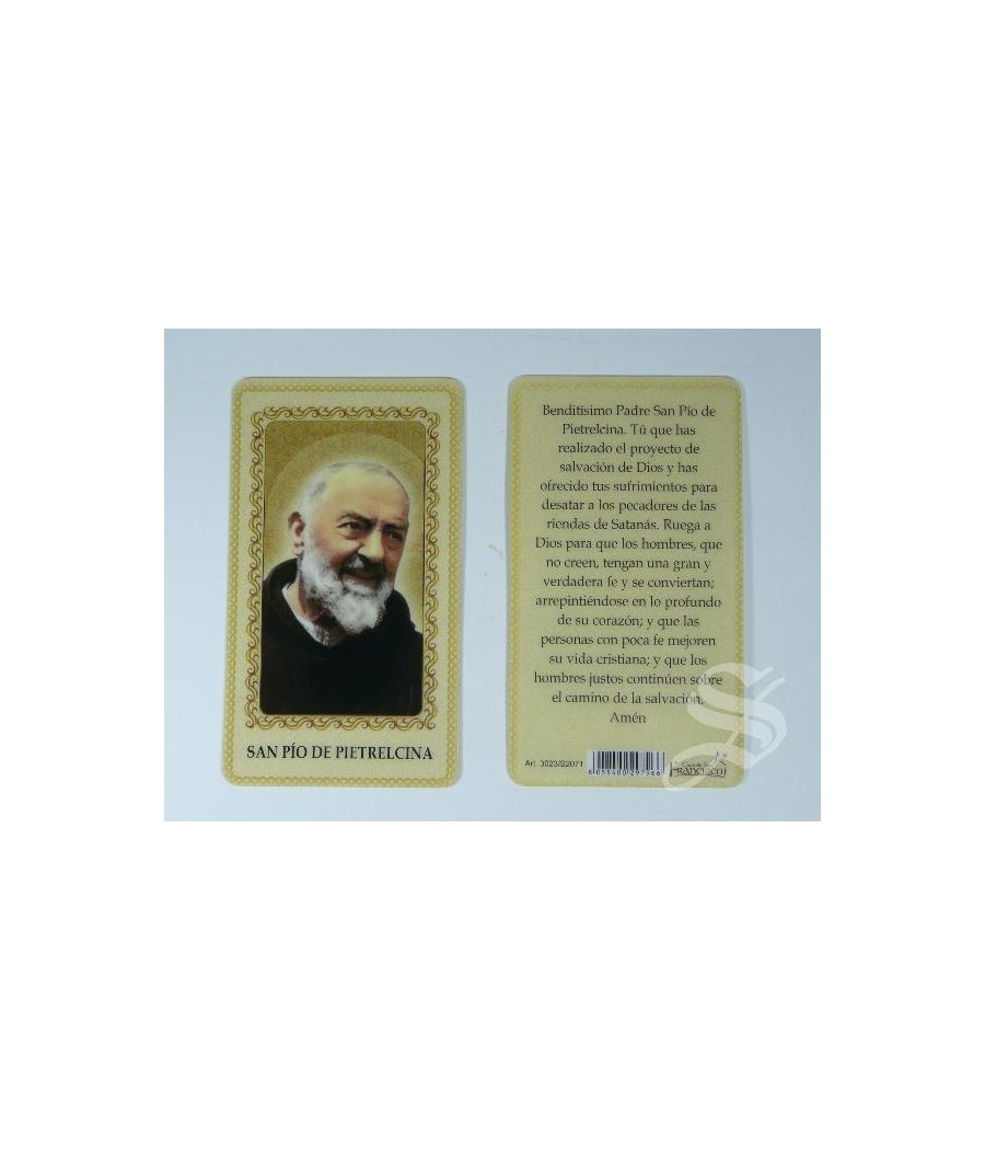 ESTAMPA SAN PIO DE PIETRELCINA PLASTIFICADA 6 X 10,5 CON ORACION