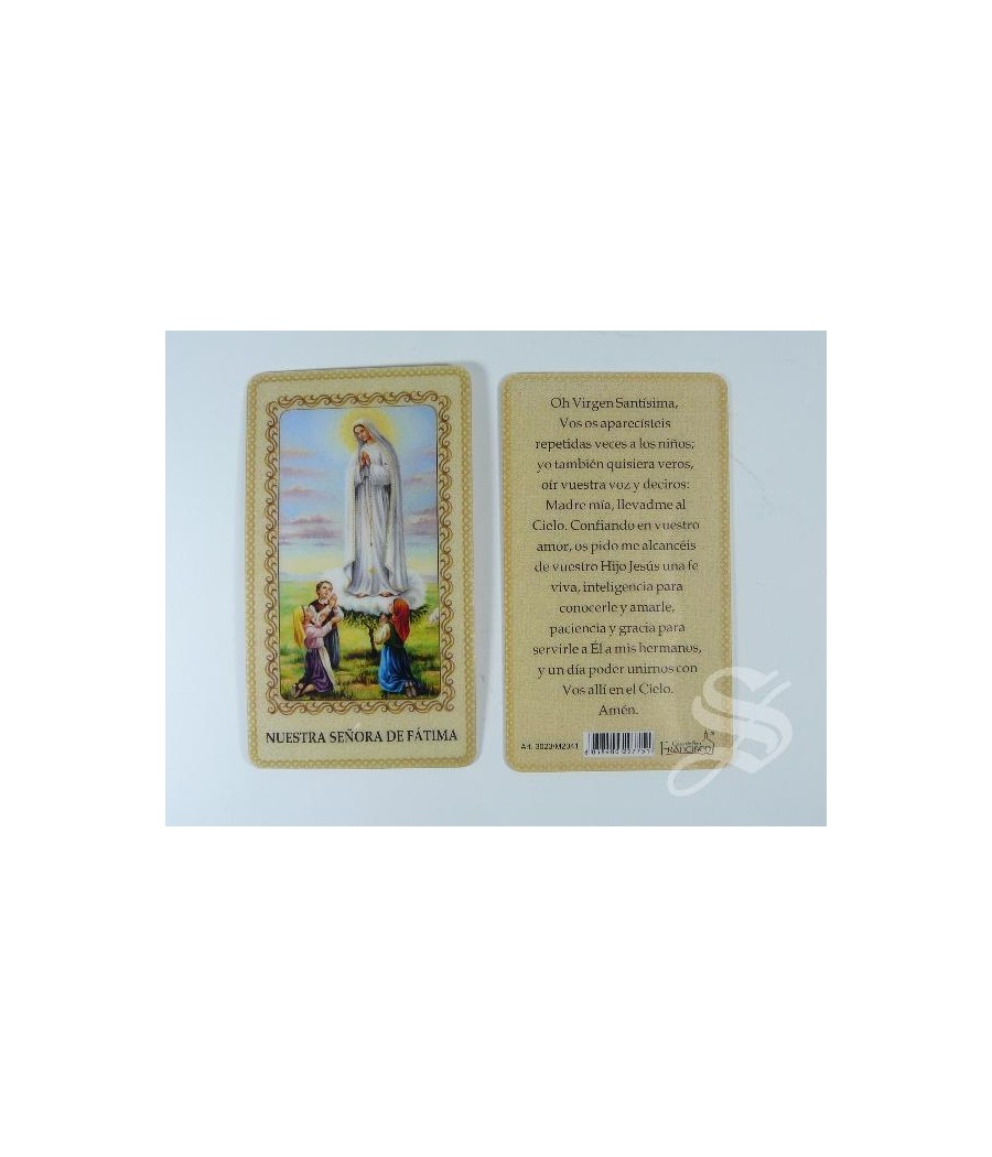 ESTAMPA VIRGEN DE FATIMA PLASTIFICADA 6 X 10,5 CON ORACION