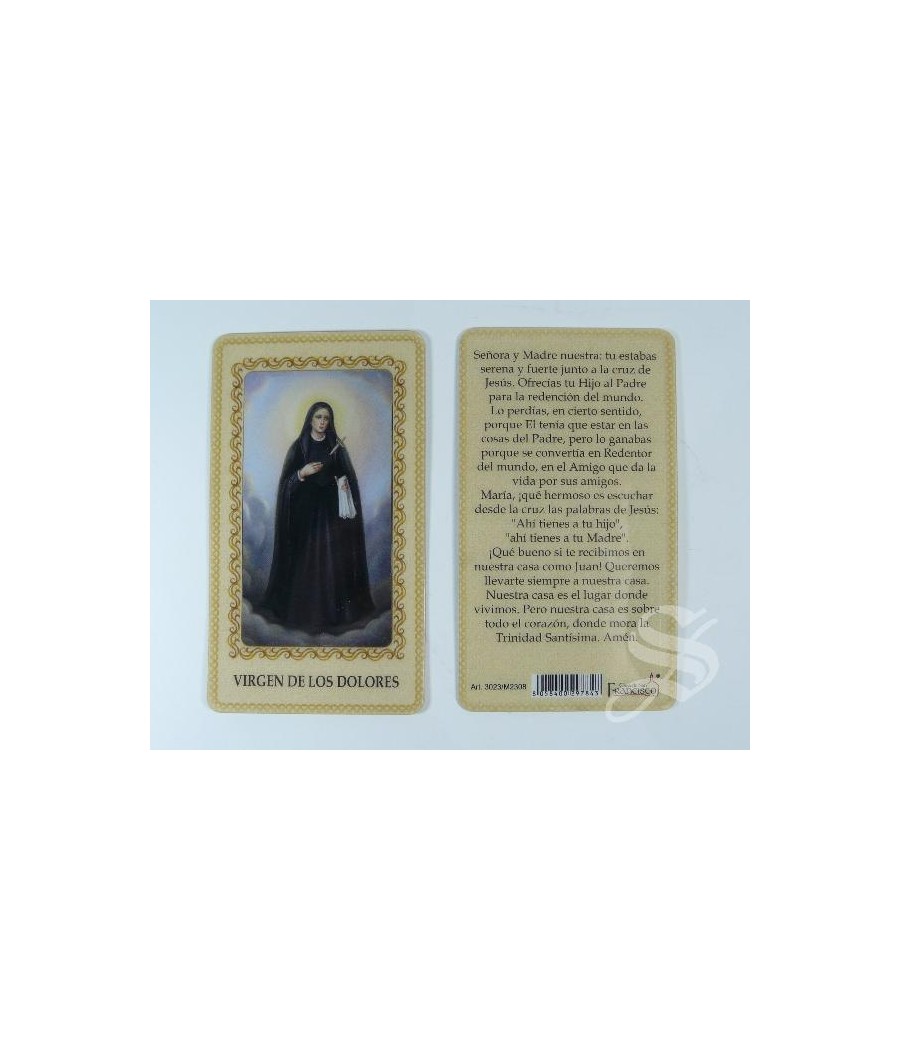 ESTAMPA VIRGEN DE LOS DOLORES PLASTIFICADA 6 X 10,5 CON ORACION