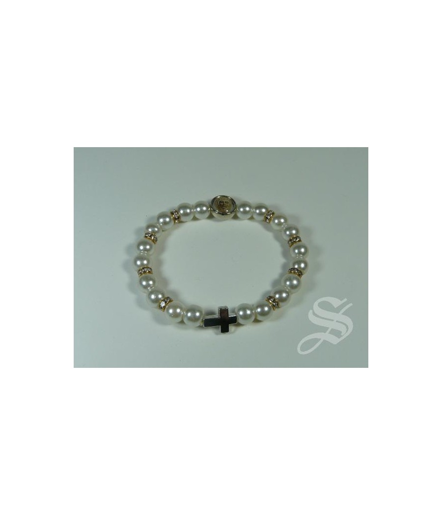 PULSERA PERLA ELASTICA CON CRUZ,