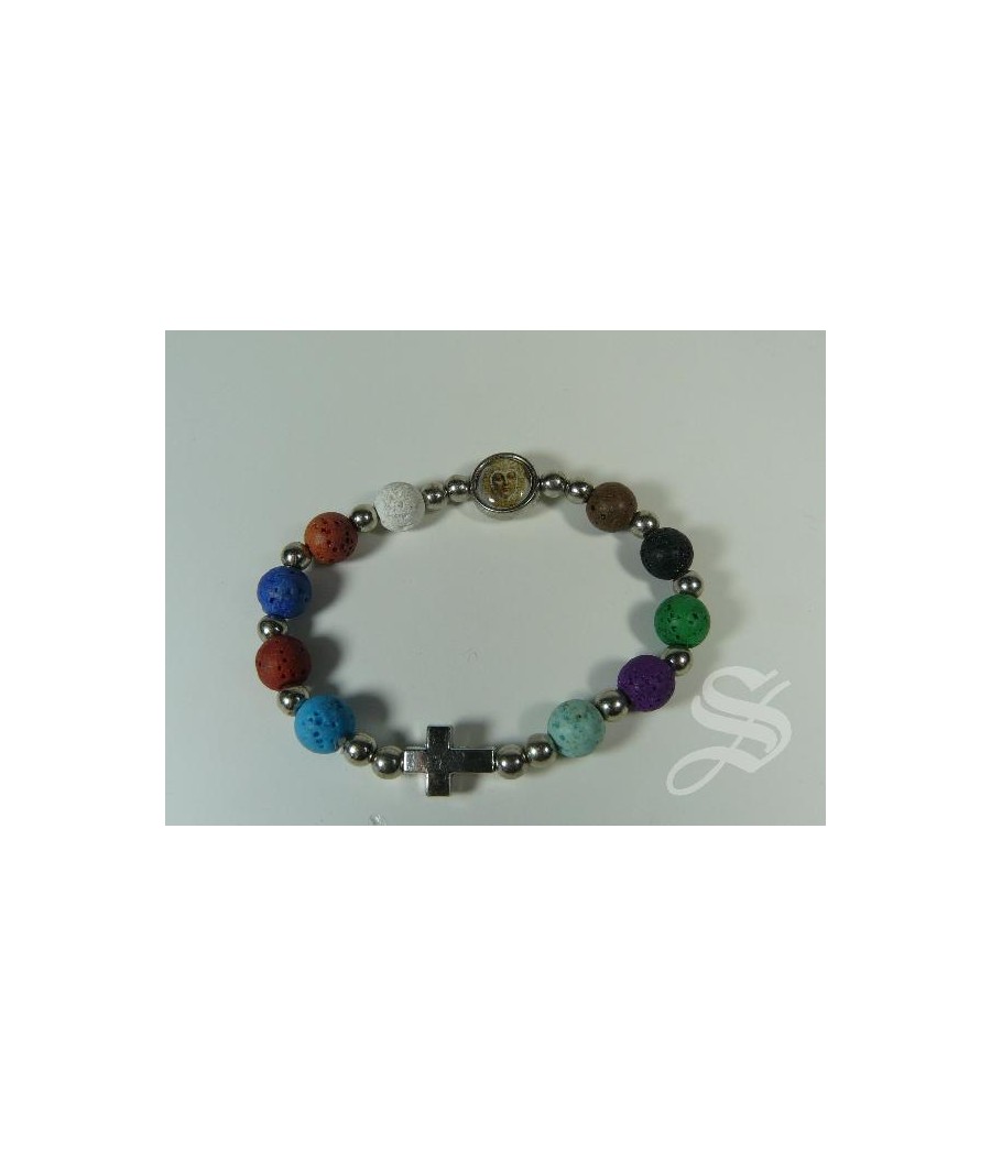 PULSERA DE PIEDRA DE COLORES CON CRUZ DE METAL, ELESTICA 10MM VIRGEN DEL PRADO