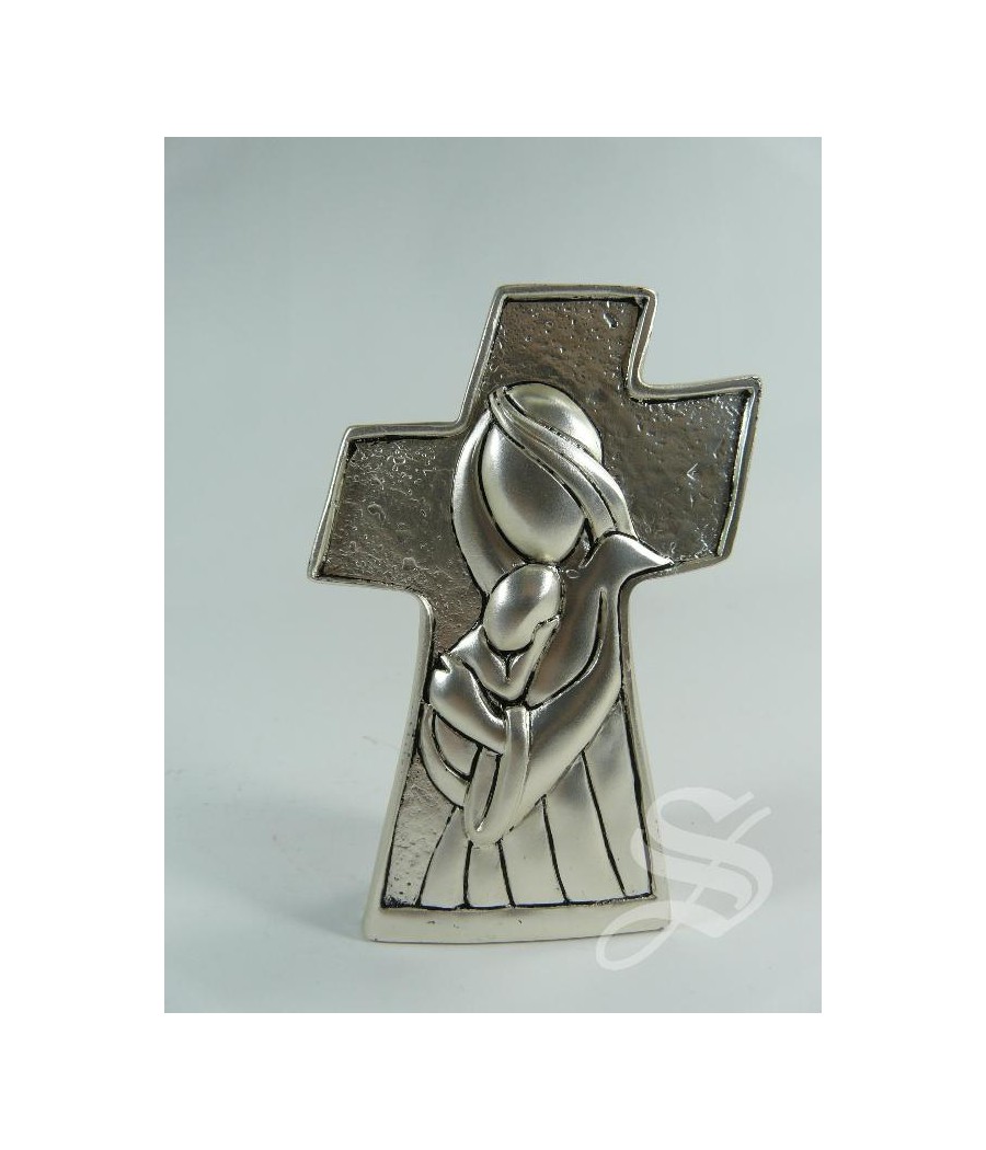 CRUZ RESINA PLATEADA 9 CM. VIRGEN CON NIÑO