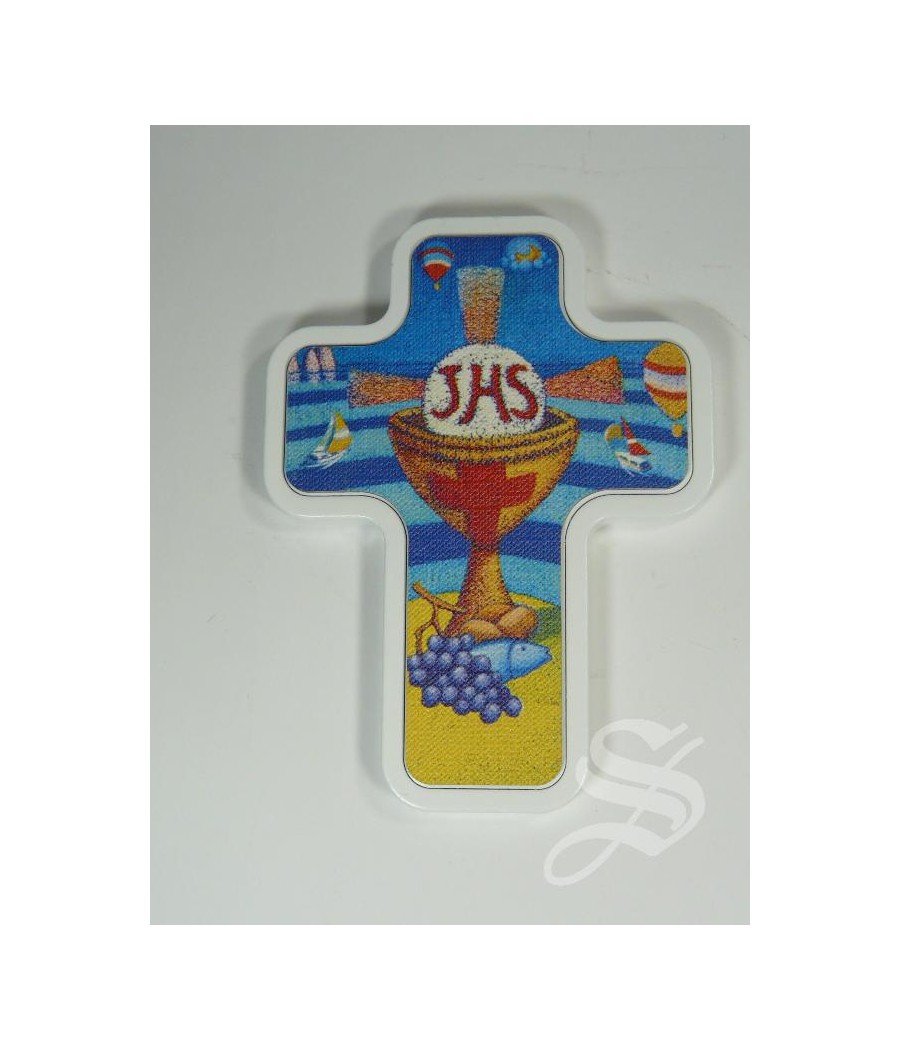 CRUZ COMUNION DE MADERA CON IMAGEN CALIZ 12 X 9 CM