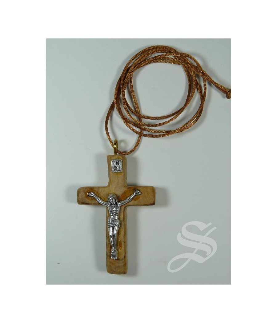 CRUZ CON CRISTO 55 X 35 MM MADERA OLIVO JERUSALEN CON CORDON