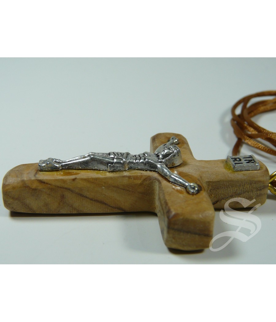 CRUZ CON CRISTO 55 X 35 MM MADERA OLIVO JERUSALEN CON CORDON