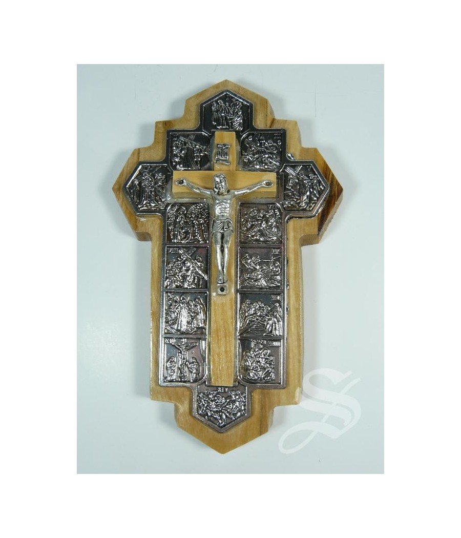 CRUZ MADERA CON VIA CRUCIS EN METAL 19 X 14 CM. OLIVO JERUSALEN