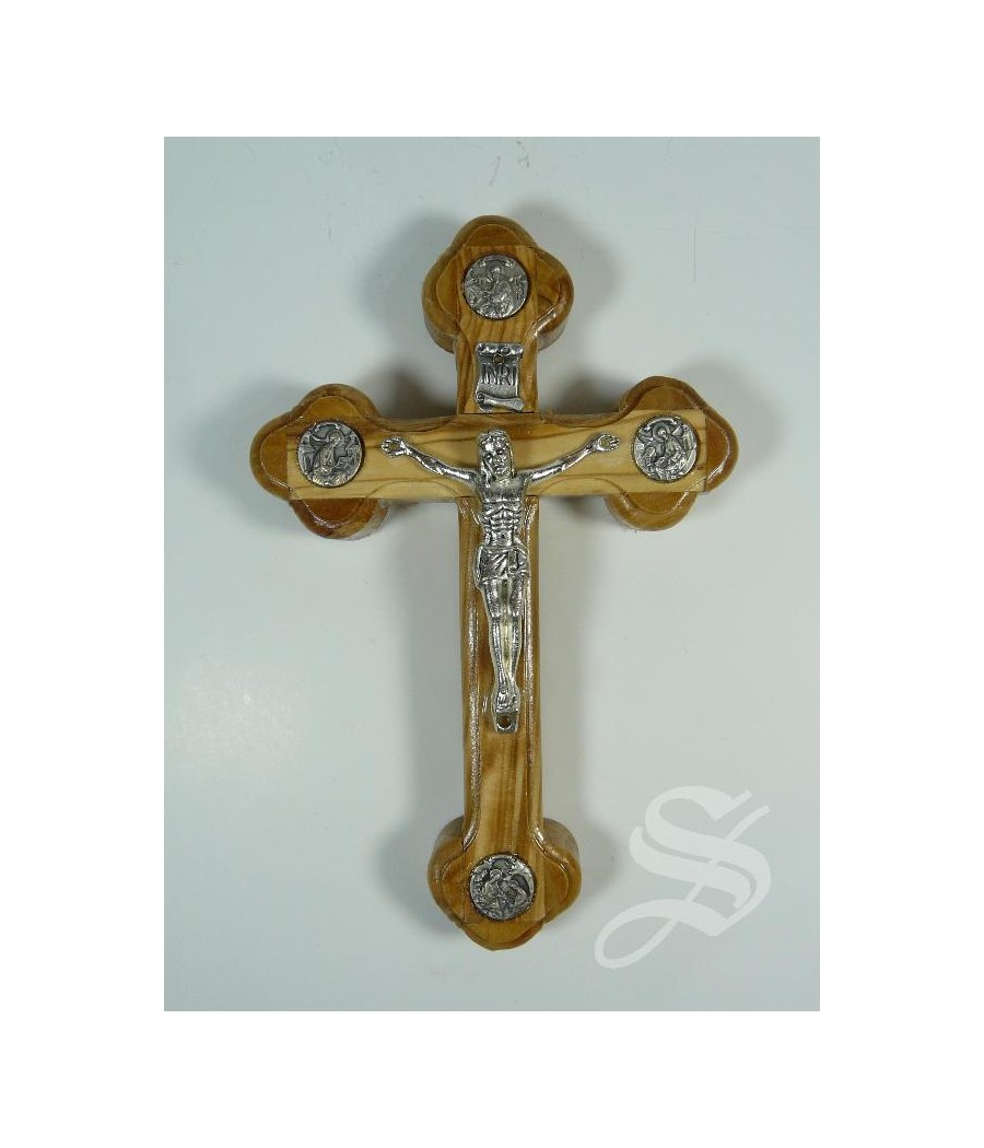 CRUZ MADERA CON EVANGELISTAS 13,5 X 9 CM. OLIVO JERUSALEN