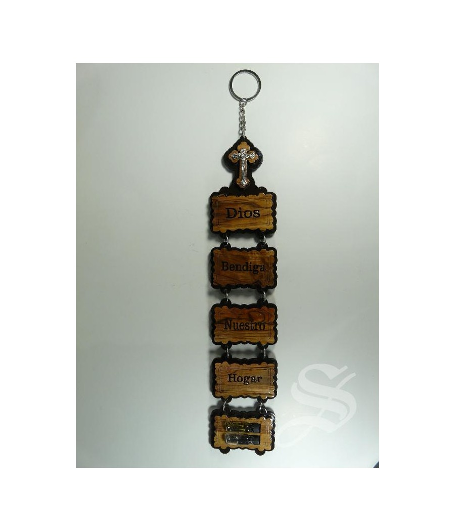 COLGANTE PARED DIOS BENDIGA NUESTRO HOGAR 30 X 6,5 CM. MADERA OLIVO JERUSALEN