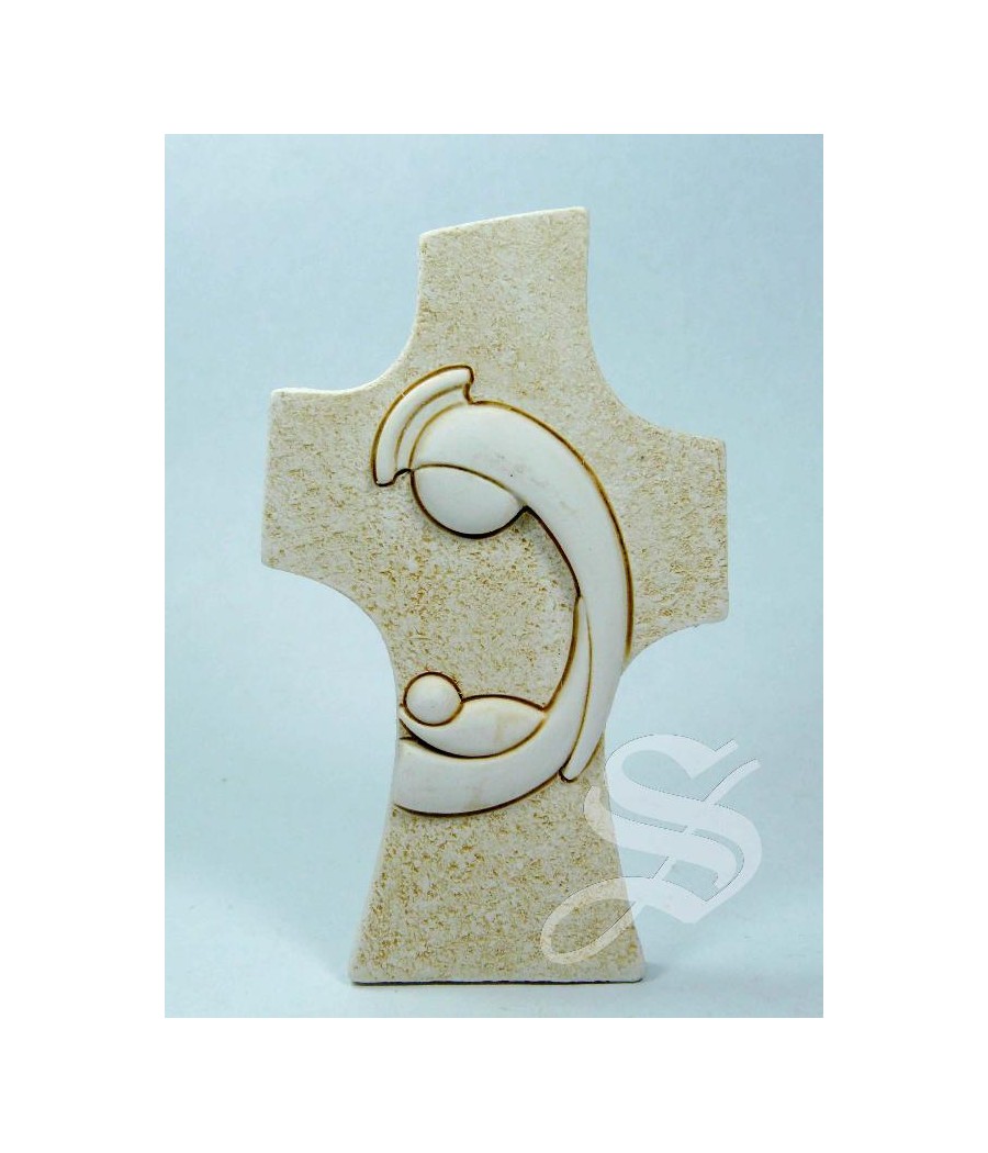 CRUZ RESINA VIRGEN CON NIÑO EFECTO PIEDRA 5,5*9,5