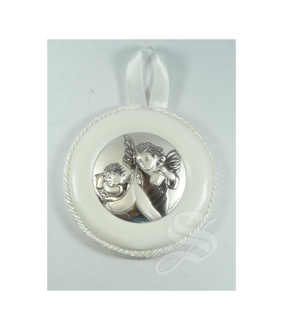 MEDALLON CUNA CUERO  PLATA BLANCO ANGEL Ø 8 CM.