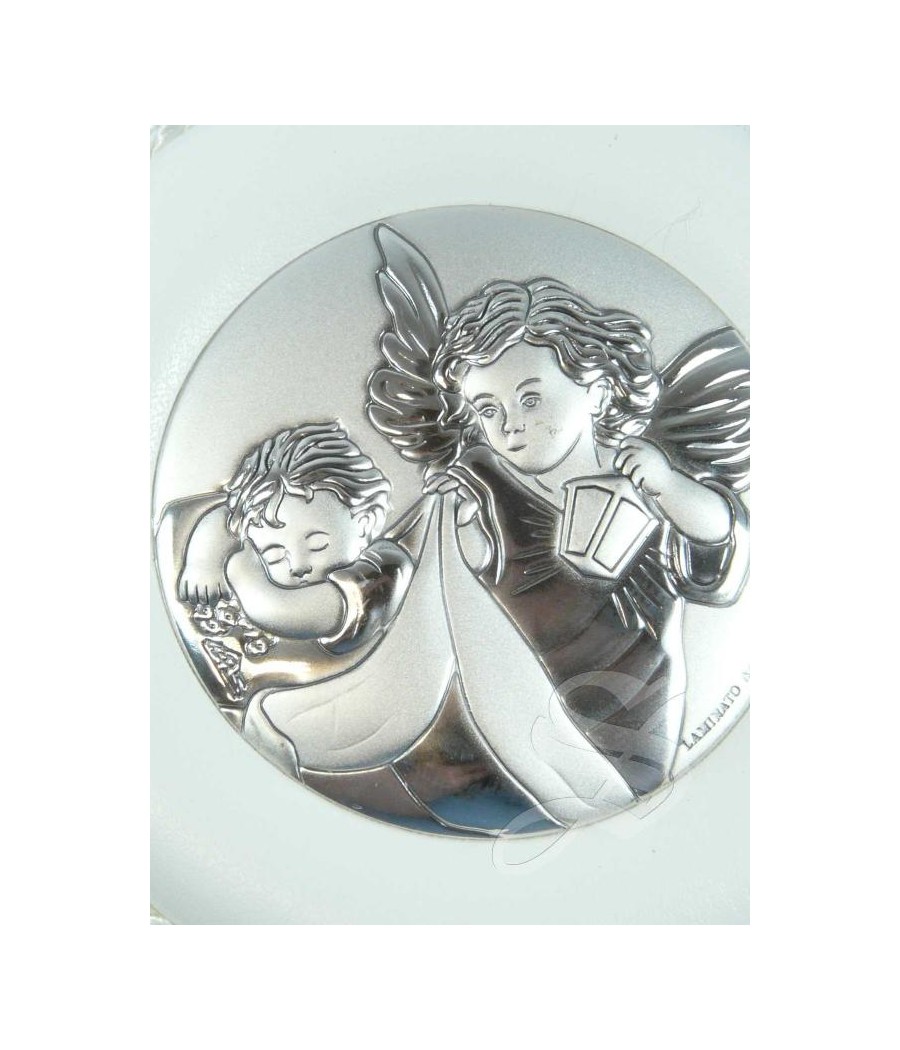 MEDALLON CUNA CUERO  PLATA BLANCO ANGEL Ø 8 CM.