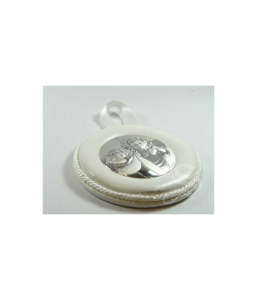 MEDALLON CUNA CUERO  PLATA BLANCO ANGEL Ø 8 CM.