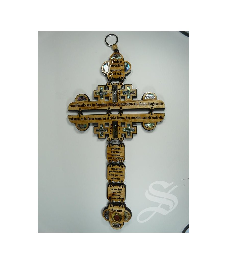 CRUZ MADERA CON NACAR PADRE NUESTRO 37 X 19 CM. OLIVO JERUSALEN