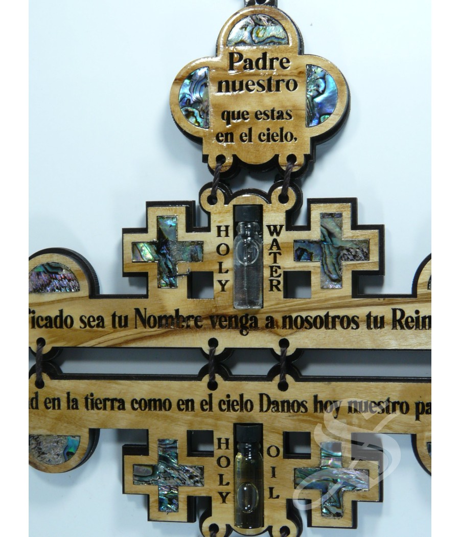 CRUZ MADERA CON NACAR PADRE NUESTRO 37 X 19 CM. OLIVO JERUSALEN