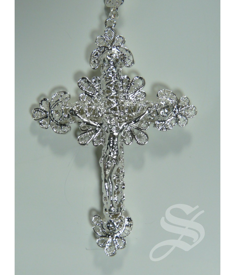 ROSARIO NACAR Y PLATA 8 MM. ENTREPIEZA TODO FILIGRANA CRUZ MEDIANA