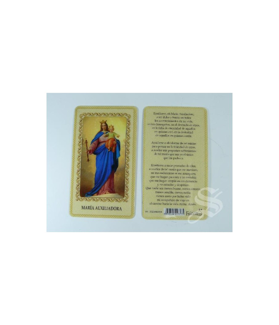 ESTAMPA MARIA AUXILIADORA PLASTIFICADA 6 X 10,5 CON ORACION