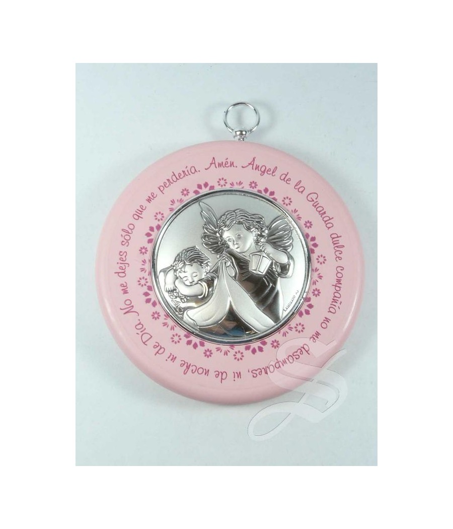 MEDALLON CUNA REDONDO ORACION ANGEL ROSA Ø 9 CM.