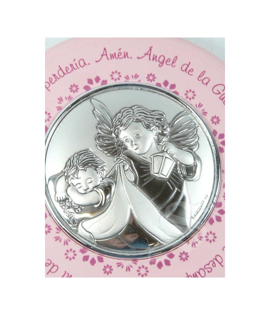 MEDALLON CUNA REDONDO ORACION ANGEL ROSA Ø 9 CM.