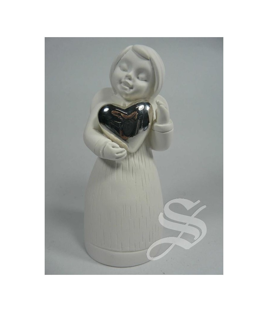 ANGEL RESINA BLANCA 11.5 CM CON CORAZON PLATEADO Y CAJA