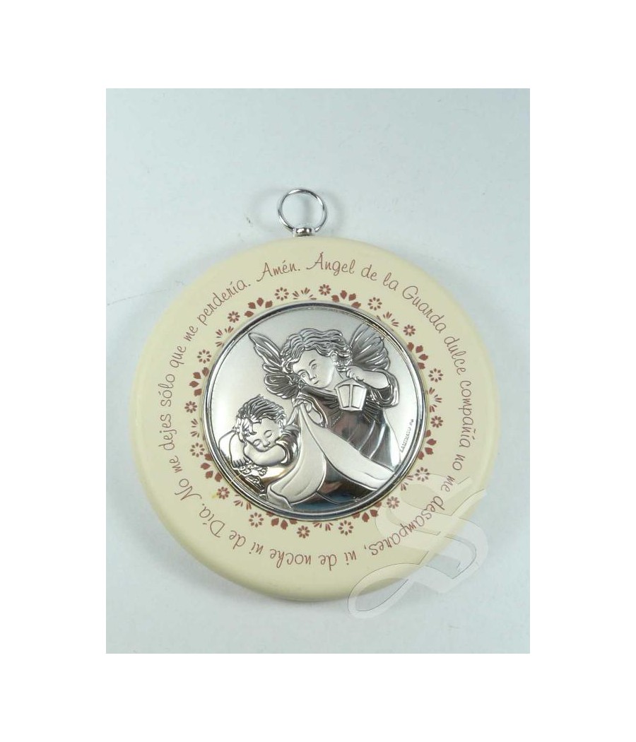 MEDALLON CUNA ANGEL REDONDO PLATA CON ORACION BLANCO