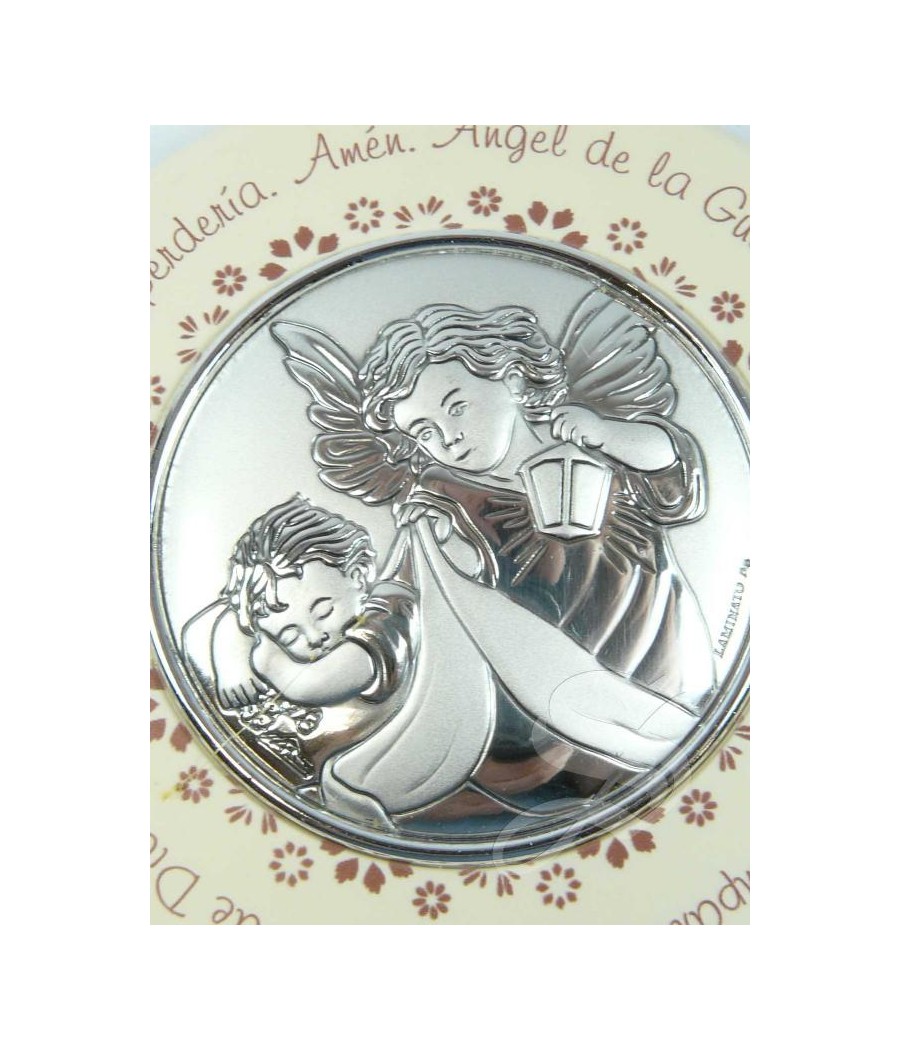 MEDALLON CUNA ANGEL REDONDO PLATA CON ORACION BLANCO