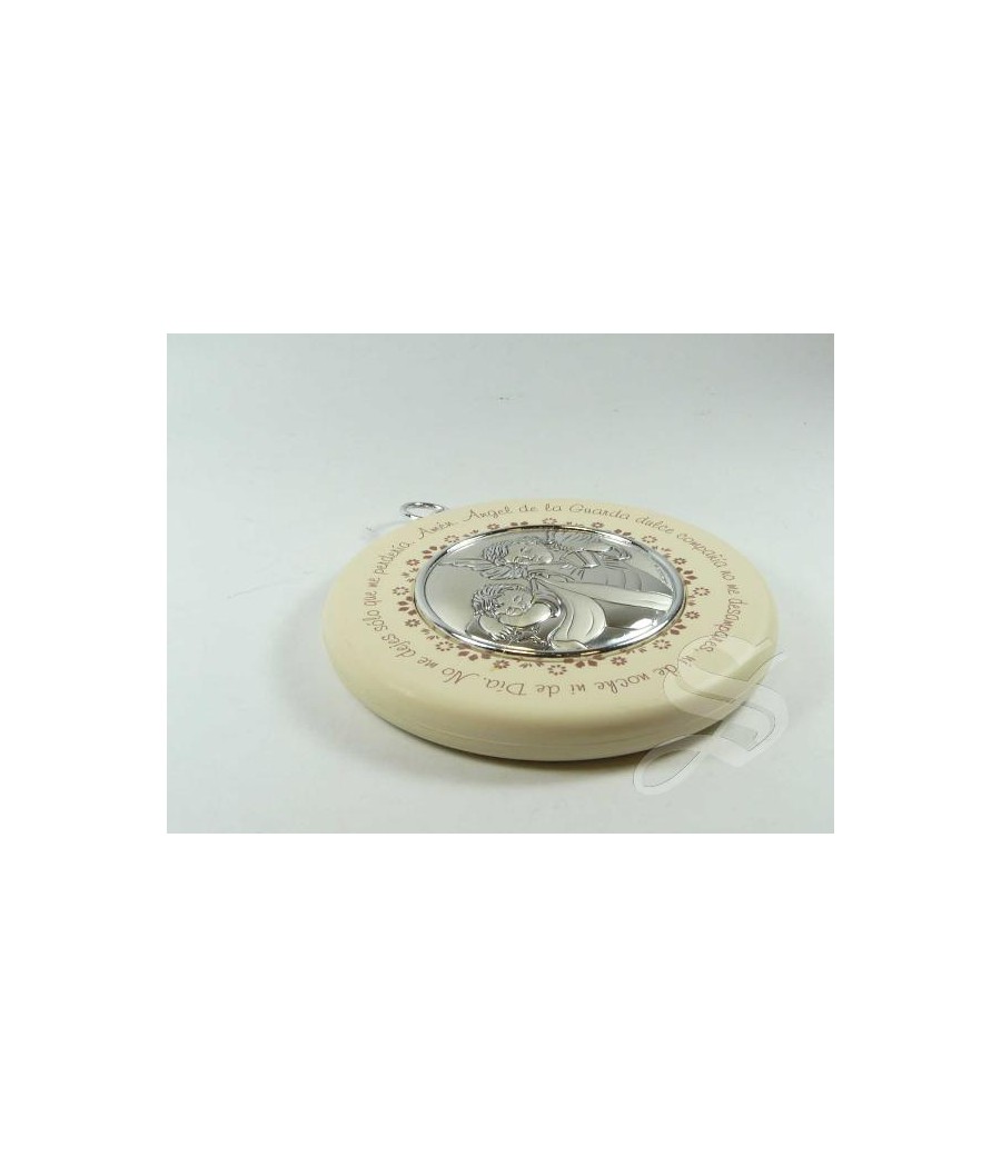 MEDALLON CUNA ANGEL REDONDO PLATA CON ORACION BLANCO