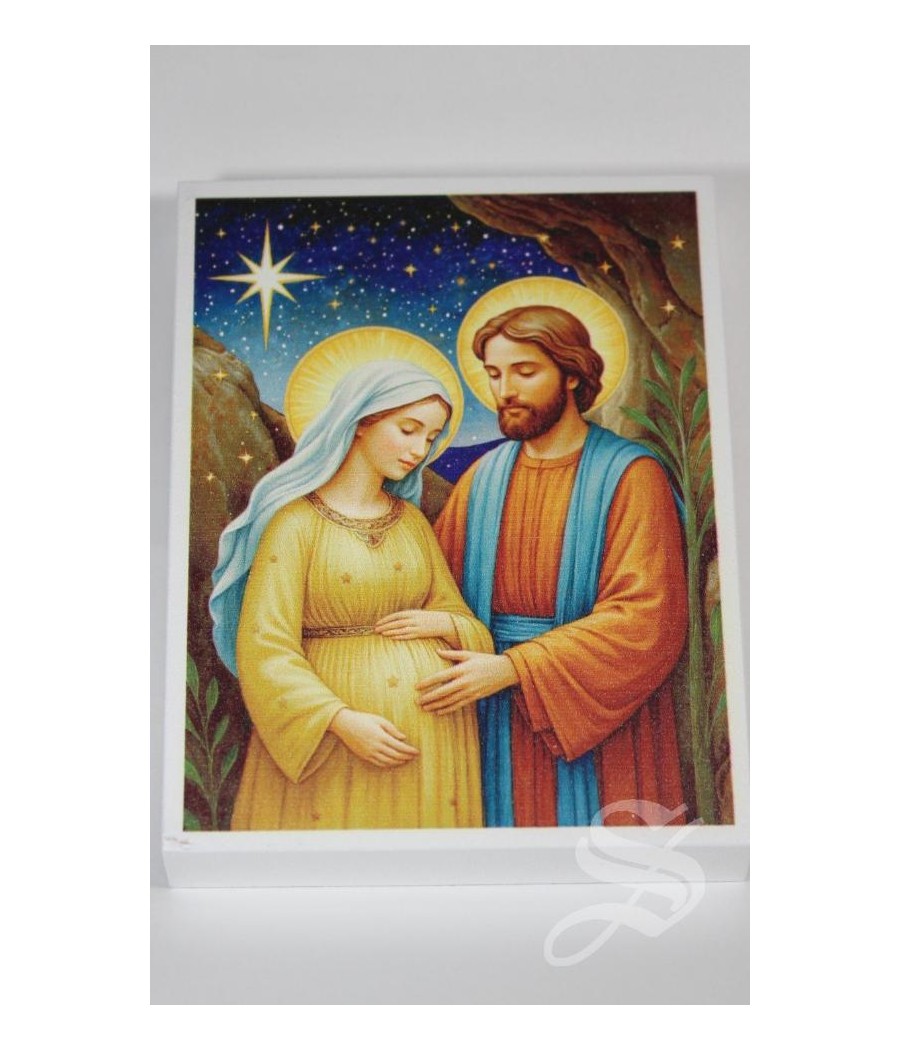 CUADRO EN MADERA 9 X 12 CM. JOSE Y MARIA EN LA ESPERA