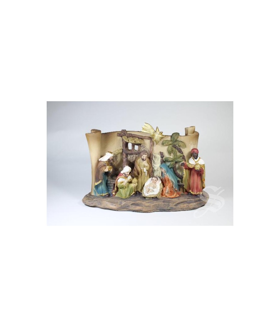NACIMIENTO CON REYES EN PERGAMINO 21 X 8 X 12,5 CM.