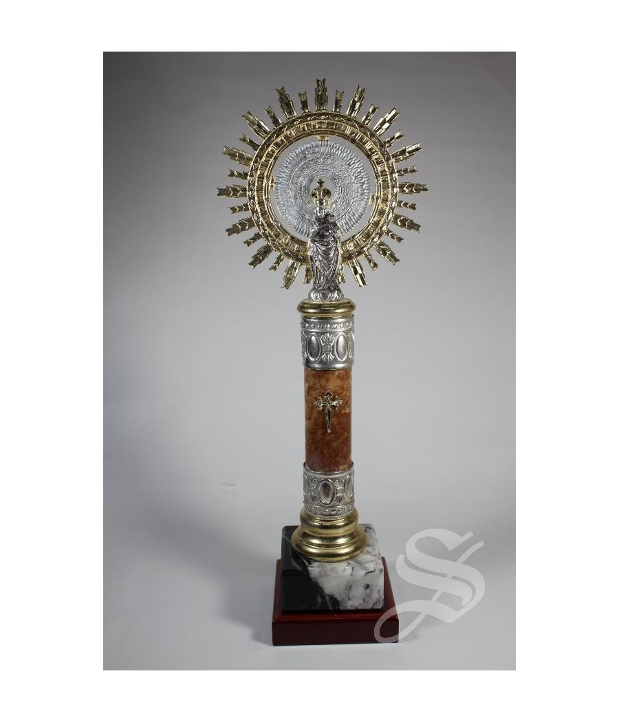 VIRGEN PILAR 36 CM BASE Y COLUMNA EN MARMOL. CORONA DE METAL