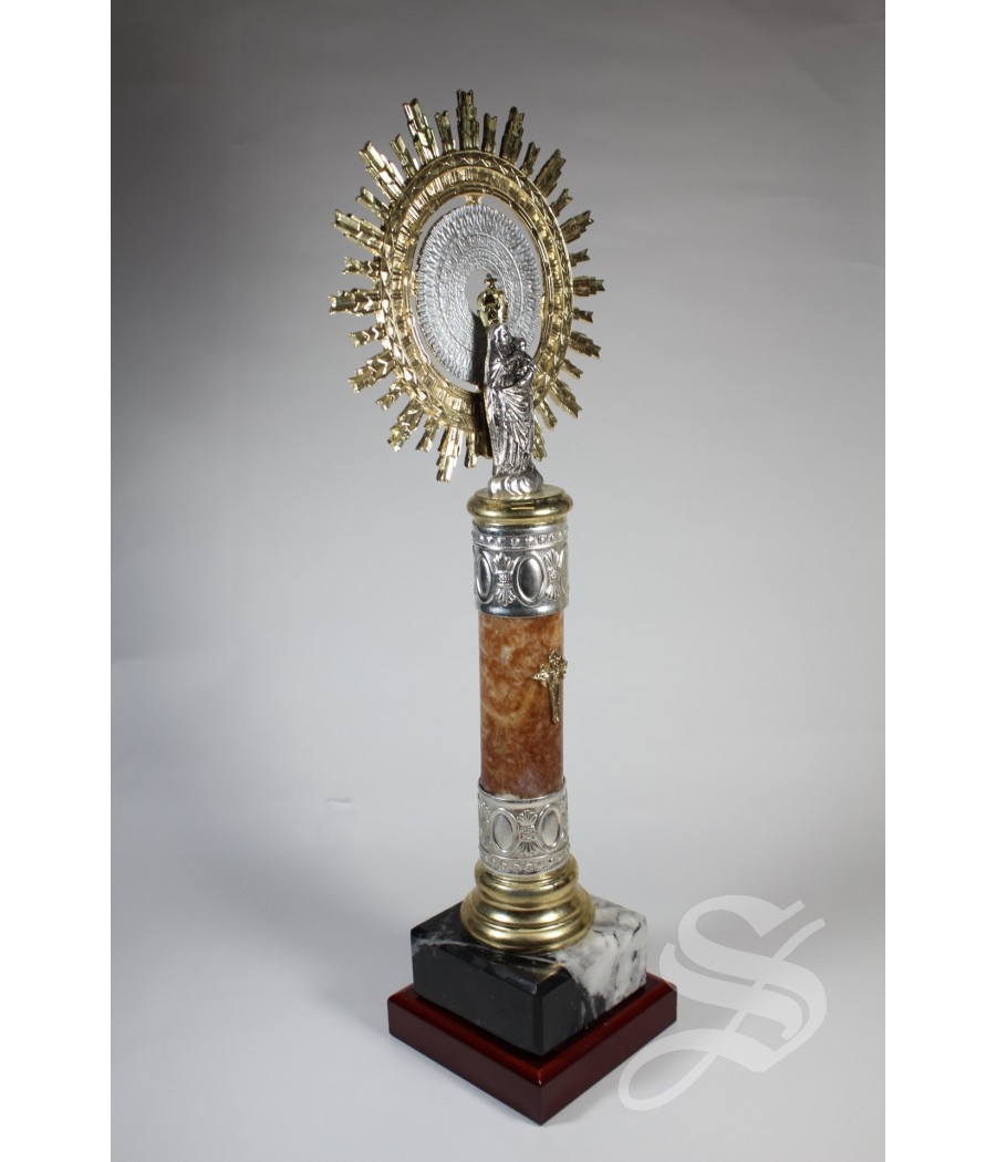 VIRGEN PILAR 36 CM BASE Y COLUMNA EN MARMOL. CORONA DE METAL