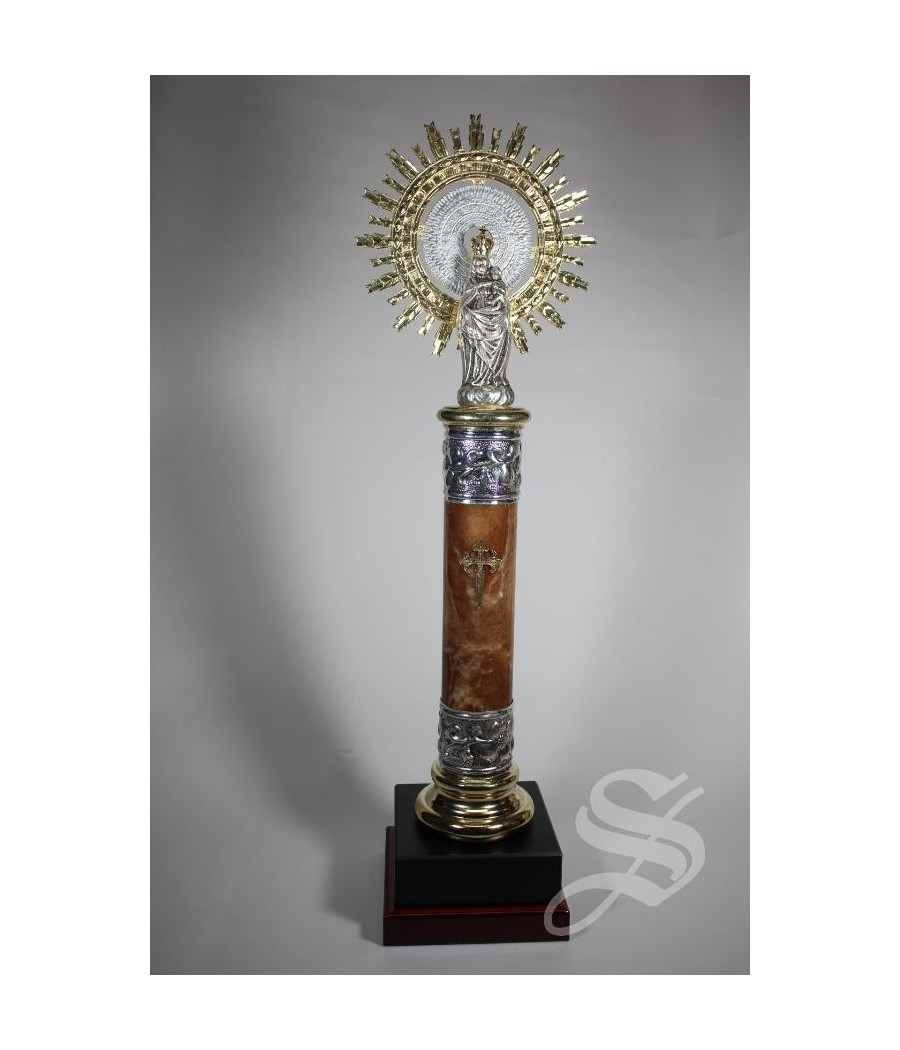 VIRGEN PILAR 47 CM BASE Y COLUMNA DE MARMOL CORONA METAL