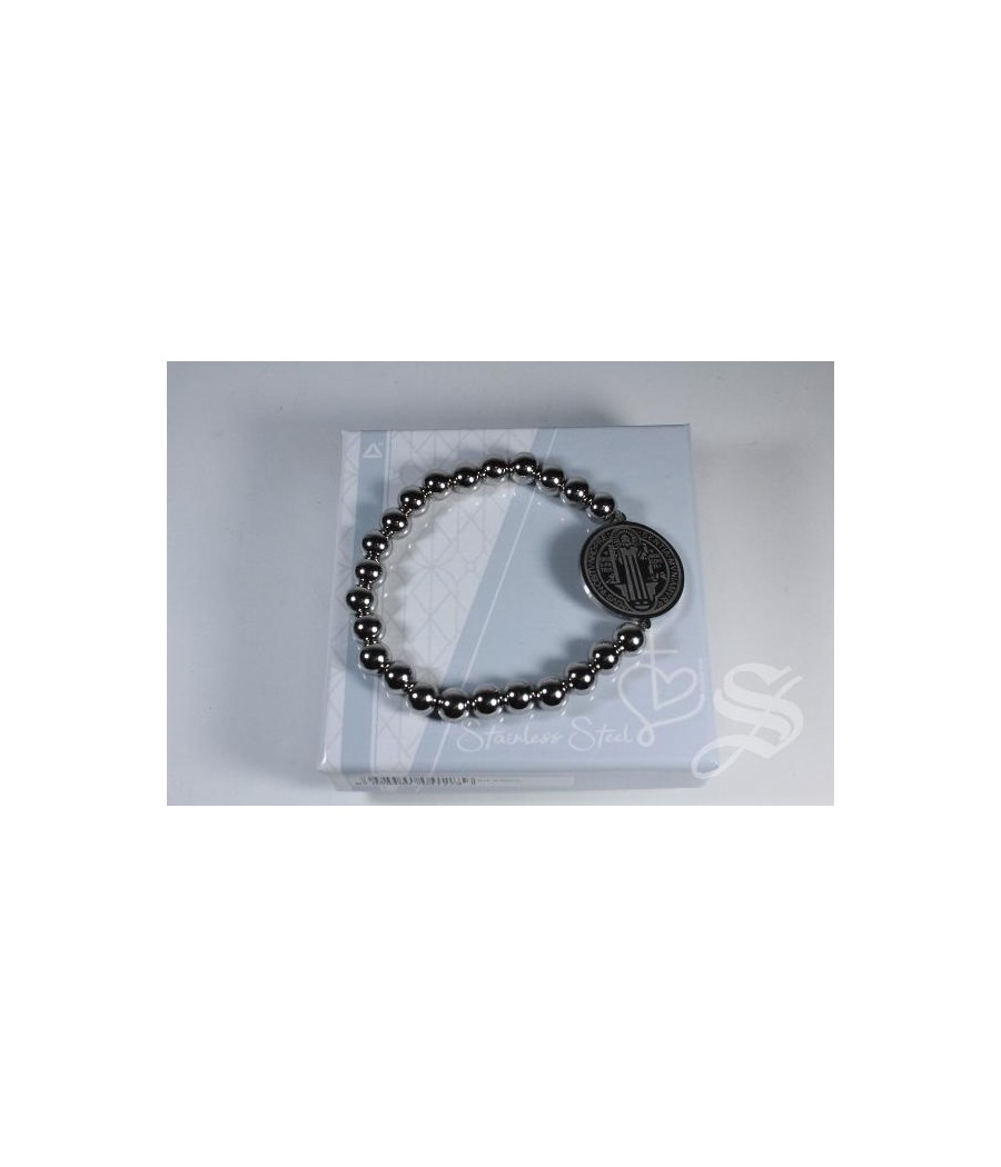 PULSERA ELASTICA BOLA ACERO INOXIDABLE CON MEDALLA DE SAN BENITO
