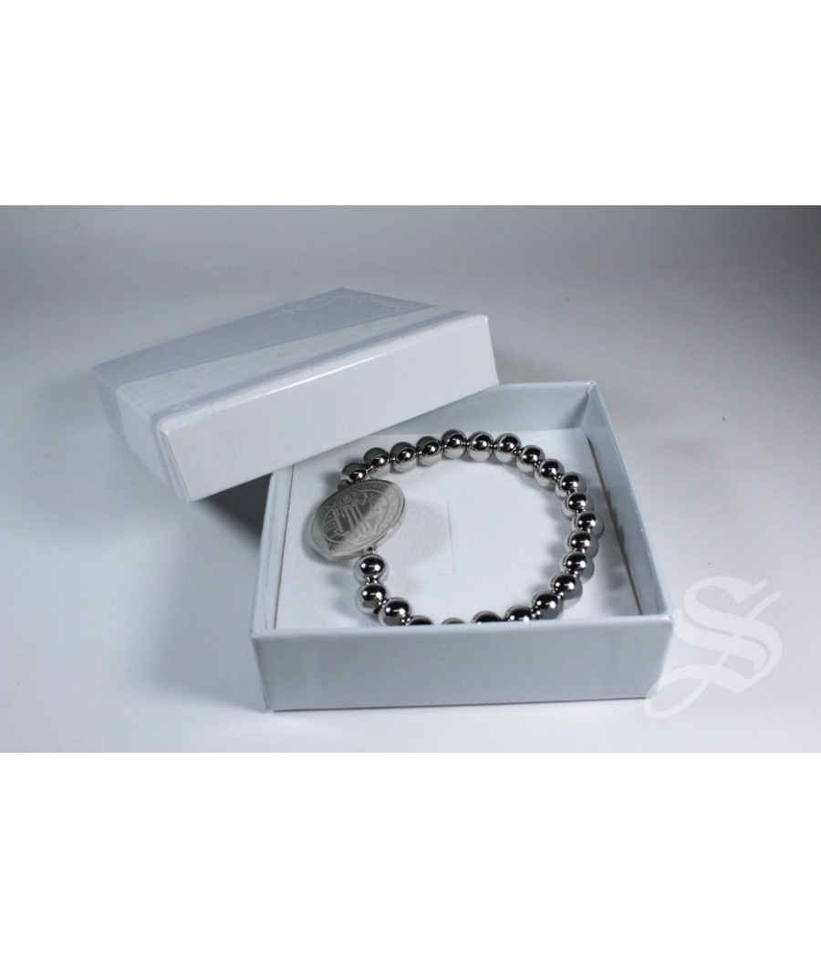PULSERA ELASTICA BOLA ACERO INOXIDABLE CON MEDALLA DE SAN BENITO
