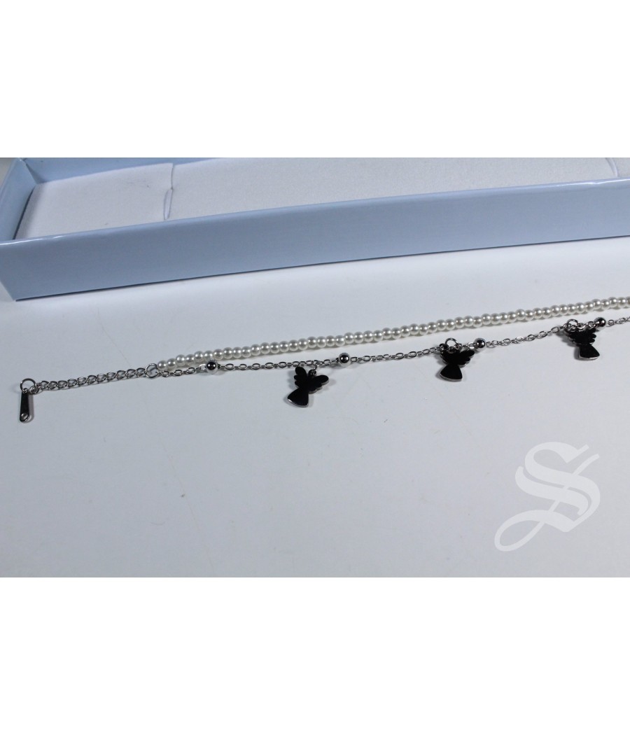 PULSERA DOBLE CON PERLAS Y ANGELITOS COLGANTES ACERO INOXIDABLE