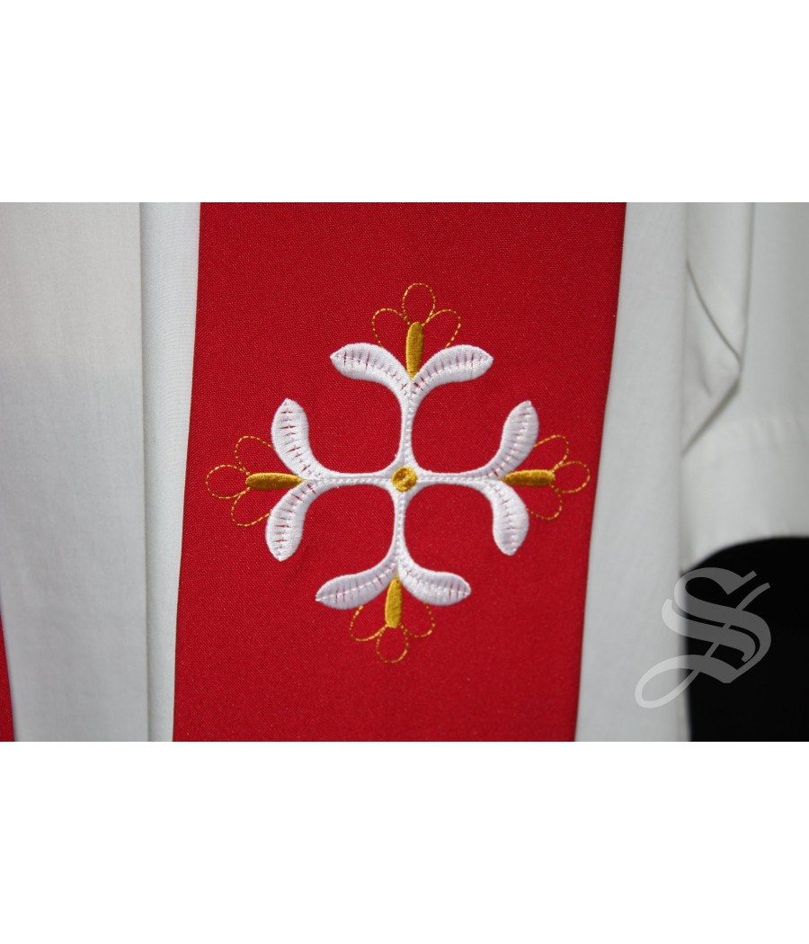 ESTOLA 846 ROJA CRUZ HOJAS EN BLANCO Y DORADO