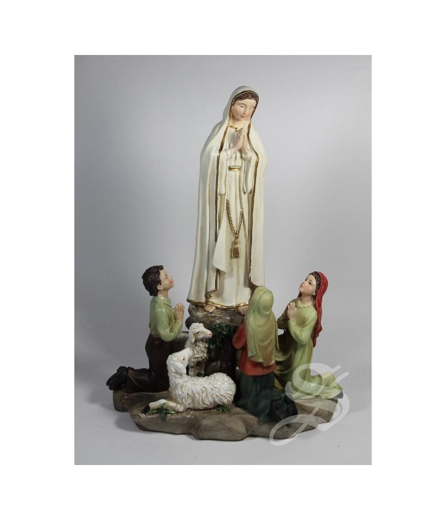 VIRGEN DE FATIMA CON PASTORES 20 X 15 CM. RESINA