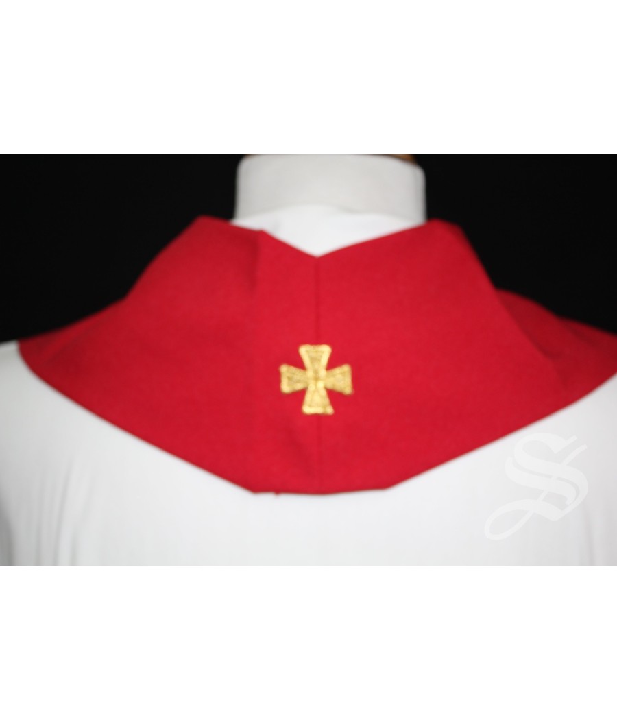ESTOLA 846 ROJA CRUZ HOJAS EN BLANCO Y DORADO