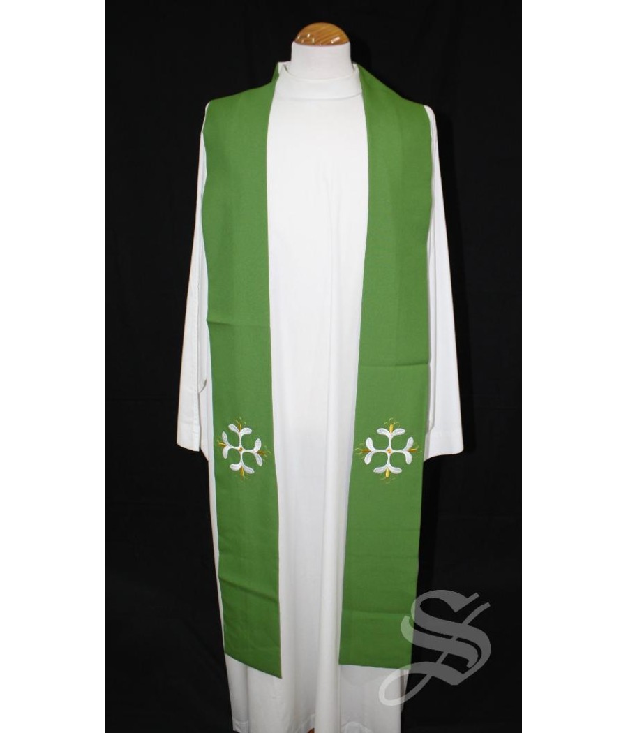 ESTOLA 846 VERDE CRUZ HOJAS EN BLANCO Y DORADO
