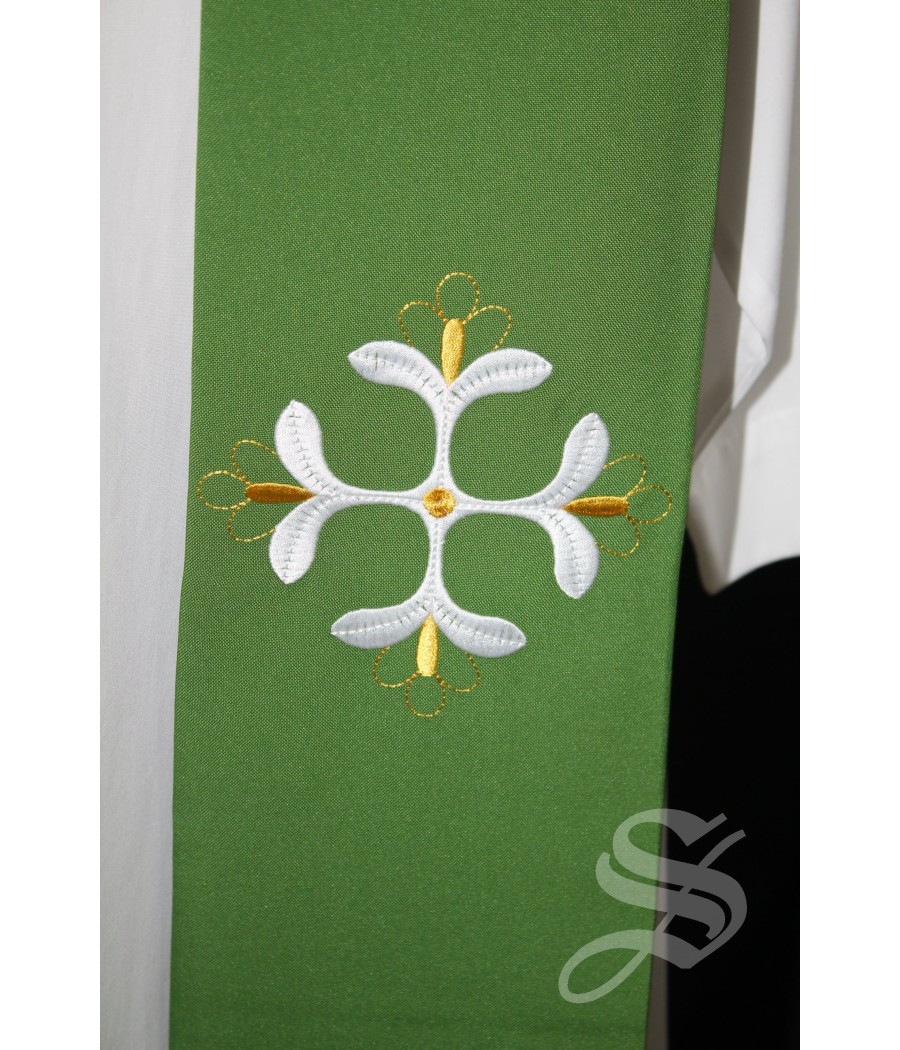 ESTOLA 846 VERDE CRUZ HOJAS EN BLANCO Y DORADO