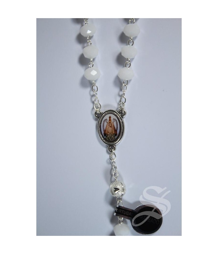 ROSARIO CRISTAL BLANCO 8 X 6 GLORIAS PLATEADAS. DONUT. VIRGEN DEL PRADO