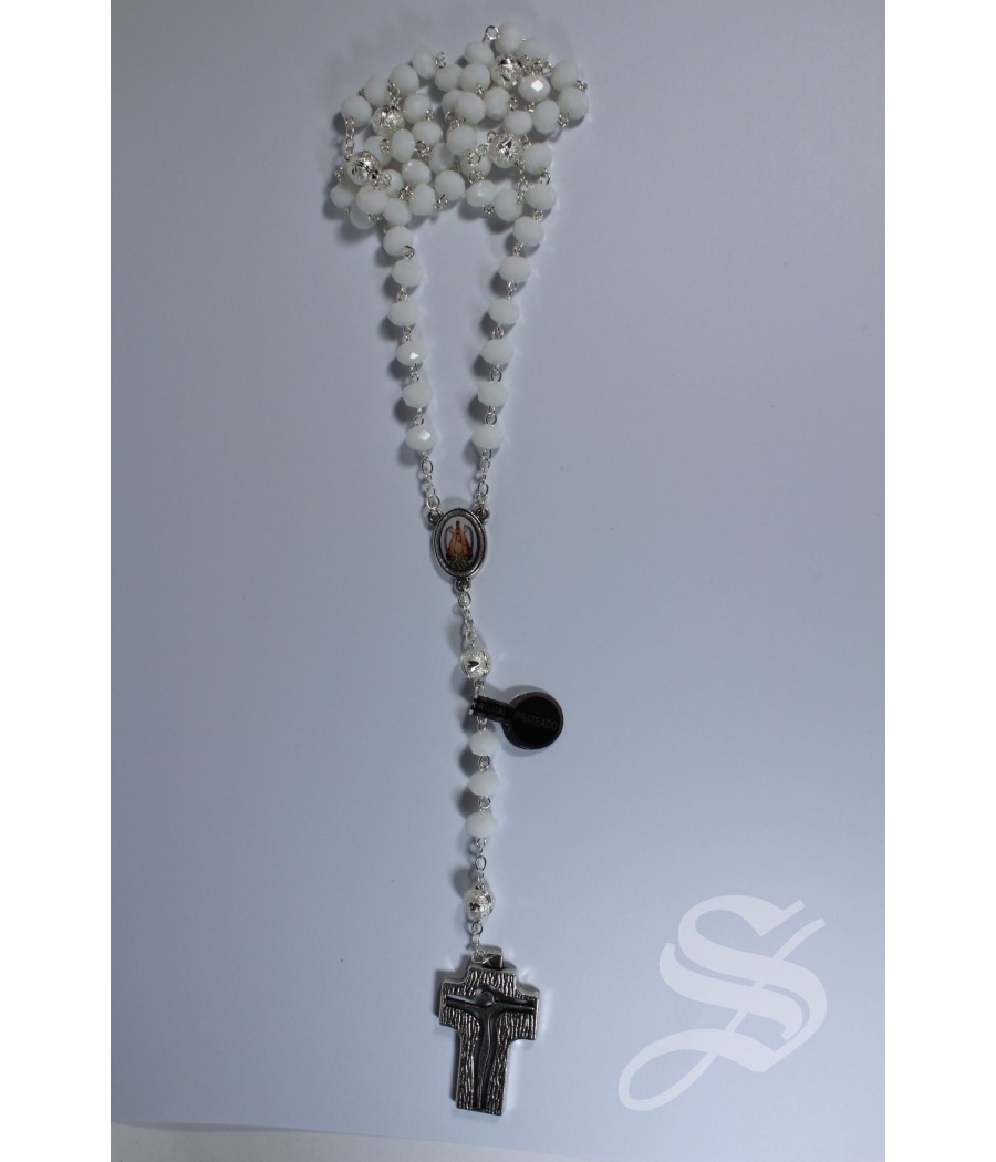 ROSARIO CRISTAL BLANCO 8 X 6 GLORIAS PLATEADAS. DONUT. VIRGEN DEL PRADO