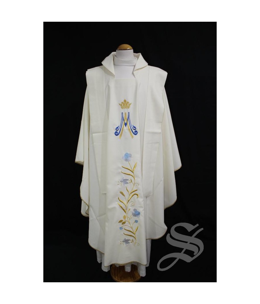 CASULLA 724 BLANCA MARIANA HOJAS DORADAS FLORES AZUL ESPECIAL
