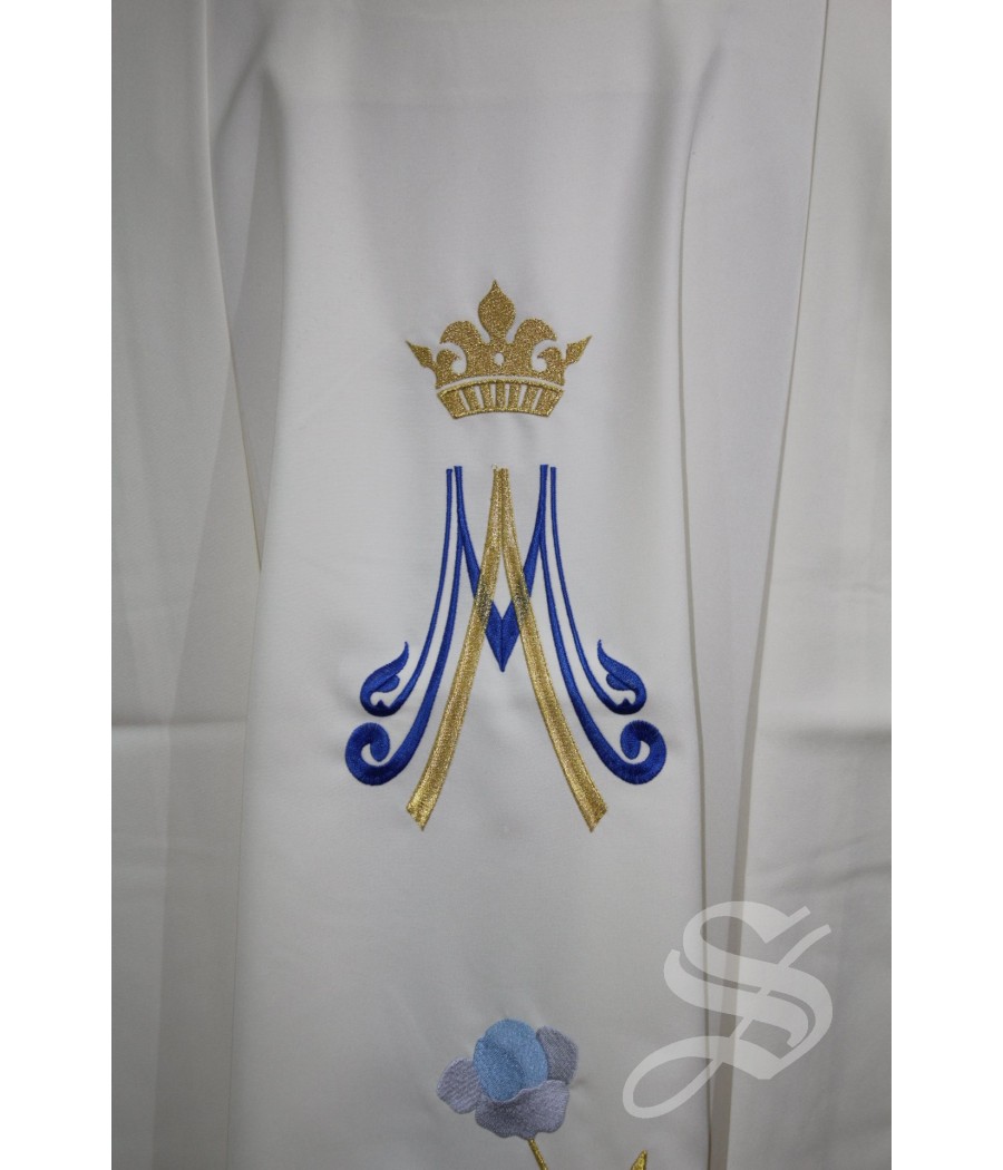 CASULLA 724 BLANCA MARIANA HOJAS DORADAS FLORES AZUL ESPECIAL