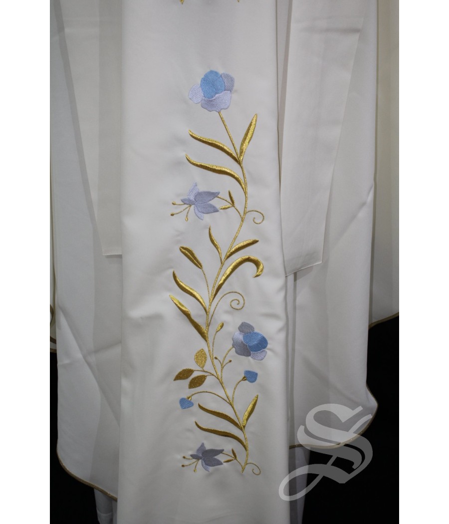 CASULLA 724 BLANCA MARIANA HOJAS DORADAS FLORES AZUL ESPECIAL